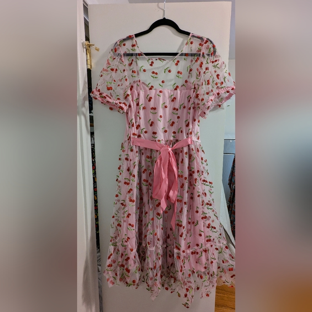 Hot Topic Pink Tulle Sparkle Cherries Midi Dress Size 1X - Picture 5 of 6